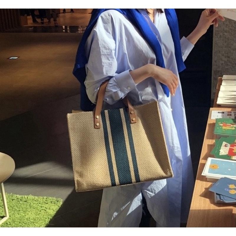 韓版女士棉麻質感手提包OL職業商務通勤大容量條紋簡約百搭立體 方形帆布大包包單肩包 單肩手提兩用 背帶可拆 可調整長度-細節圖4