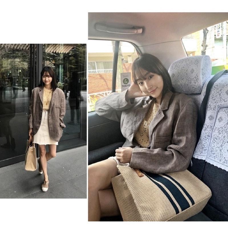 韓版女士棉麻質感手提包OL職業商務通勤大容量條紋簡約百搭立體 方形帆布大包包單肩包 單肩手提兩用 背帶可拆 可調整長度-細節圖5