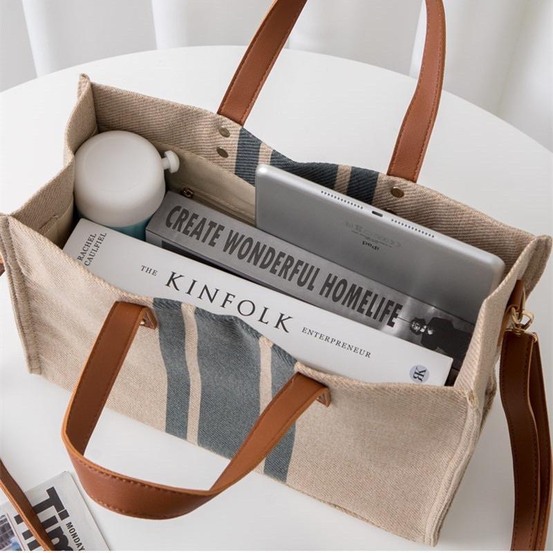韓版女士棉麻質感手提包OL職業商務通勤大容量條紋簡約百搭立體 方形帆布大包包單肩包 單肩手提兩用 背帶可拆 可調整長度-細節圖6