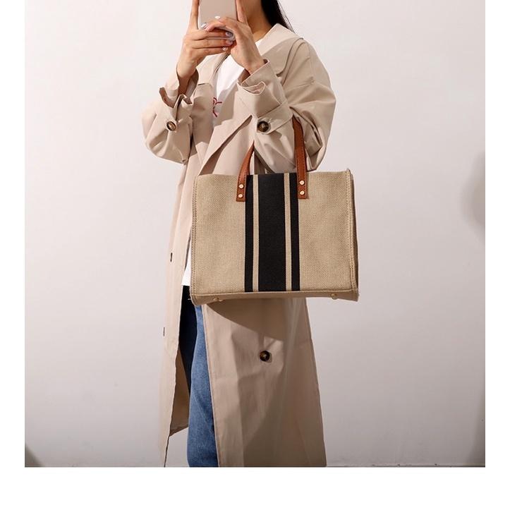 韓版女士棉麻質感手提包OL職業商務通勤大容量條紋簡約百搭立體 方形帆布大包包單肩包 單肩手提兩用 背帶可拆 可調整長度-細節圖7