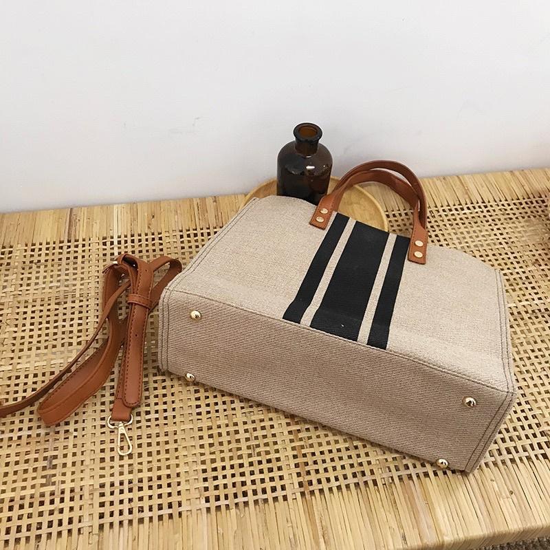 韓版女士棉麻質感手提包OL職業商務通勤大容量條紋簡約百搭立體 方形帆布大包包單肩包 單肩手提兩用 背帶可拆 可調整長度-細節圖8