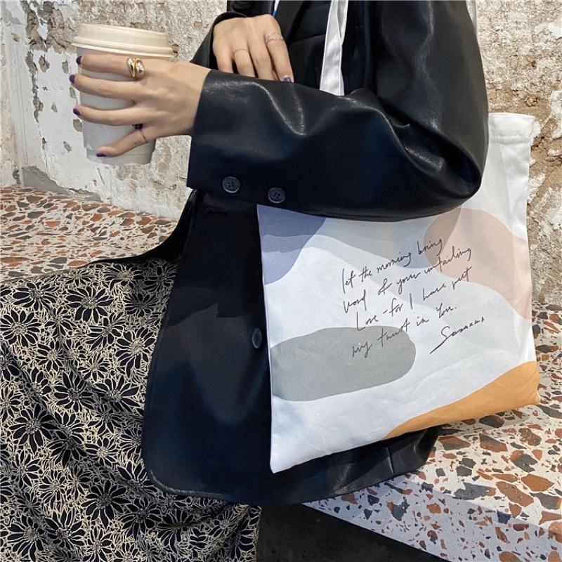 韓版小眾設計帆布包 色塊印花造型水彩盤 撞色小清新文藝單肩包簡約學生彩色印花手提袋 百搭 繽紛好看 草寫英文字 拉鍊封口-細節圖2