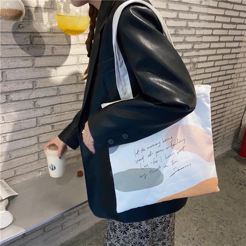 韓版小眾設計帆布包 色塊印花造型水彩盤 撞色小清新文藝單肩包簡約學生彩色印花手提袋 百搭 繽紛好看 草寫英文字 拉鍊封口-細節圖9