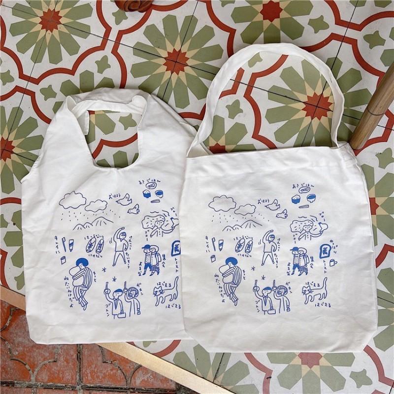 新款小清新學生單肩包文藝斜挎帆布包 塗鴉風 單肩手提帆布袋可愛卡通插畫 日系托特包學生簡約文藝風格 百搭 可當環保收納包-細節圖2