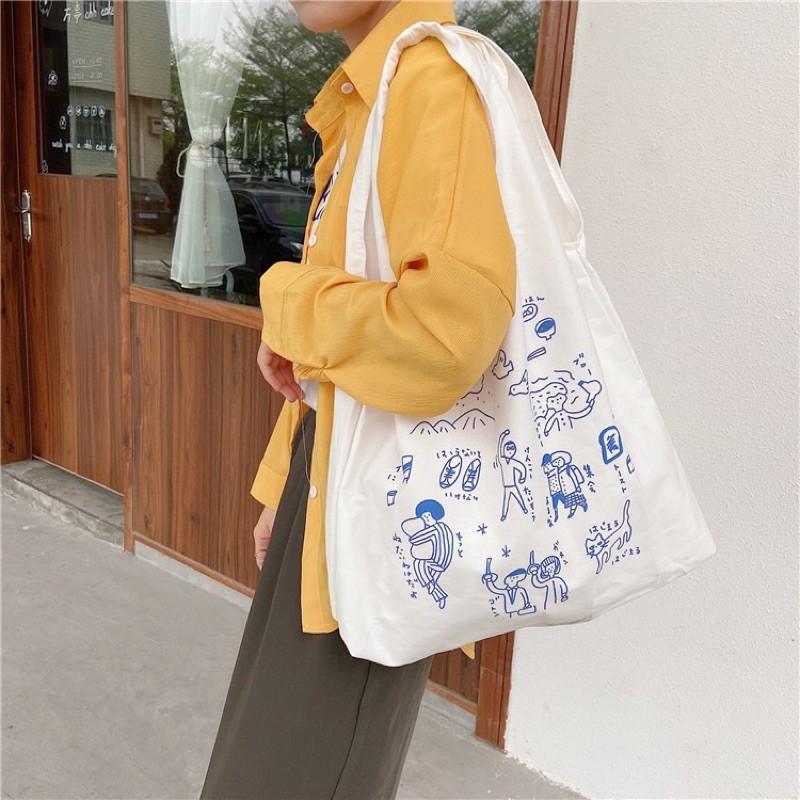 新款小清新學生單肩包文藝斜挎帆布包 塗鴉風 單肩手提帆布袋可愛卡通插畫 日系托特包學生簡約文藝風格 百搭 可當環保收納包-細節圖6