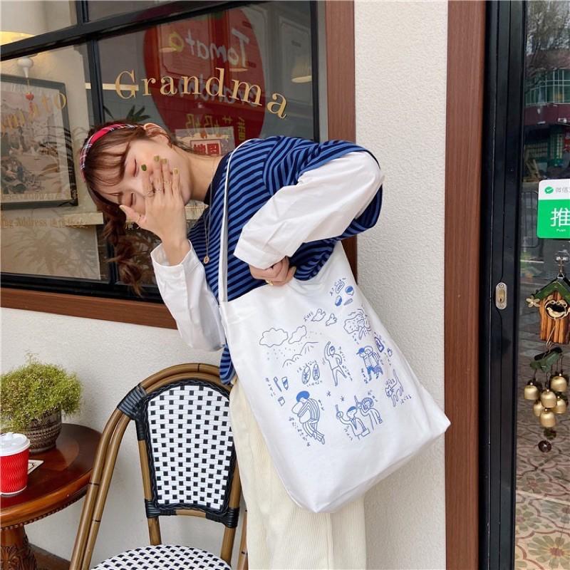 新款小清新學生單肩包文藝斜挎帆布包 塗鴉風 單肩手提帆布袋可愛卡通插畫 日系托特包學生簡約文藝風格 百搭 可當環保收納包-細節圖8