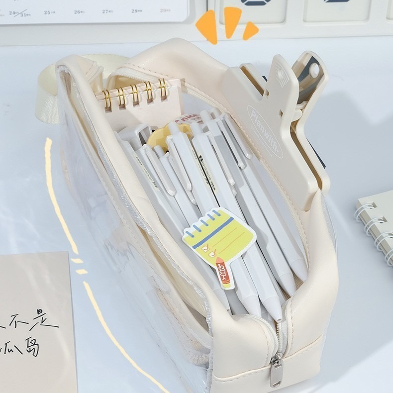 B758｜奶鹽雙層透明筆袋 大容量收納鉛筆文具盒 透明筆袋 鉛筆盒 日系文具袋 筆袋-細節圖6