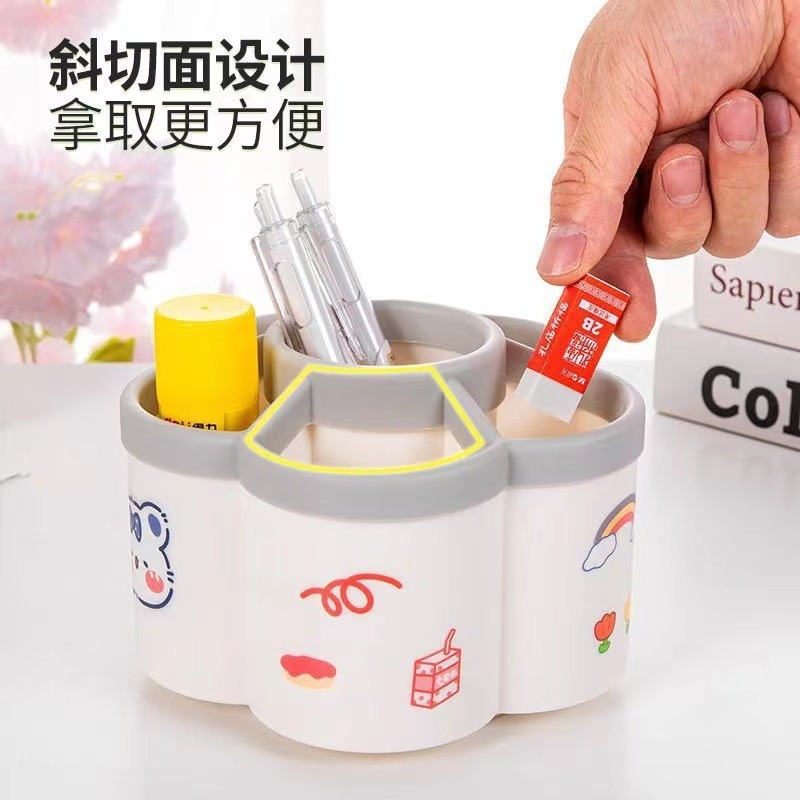 DH032｜梅花型旋轉筆筒收納盒 大容量文具收納筒 功能分格收納筒 辦公室桌麵收納盒 簡約化妝刷收納筒 筆桶-細節圖3