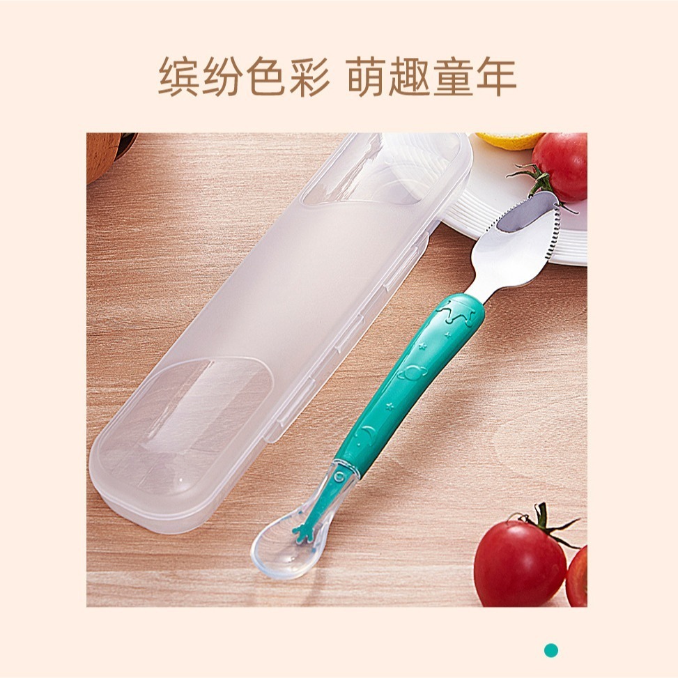 DA006｜含收納盒 雙頭刮果泥湯匙  寶寶副食品湯匙 不鏽鋼刮泥勺 矽膠勺子 兩用勺子 蘋果泥勺 果勺-細節圖7