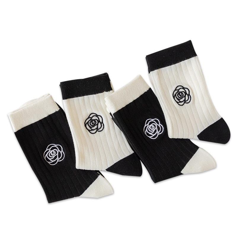 B854｜ 黑白山茶花中筒襪 花朵山茶花刺繡襪子 中筒襪 襪子 小清新襪子xiami-細節圖7