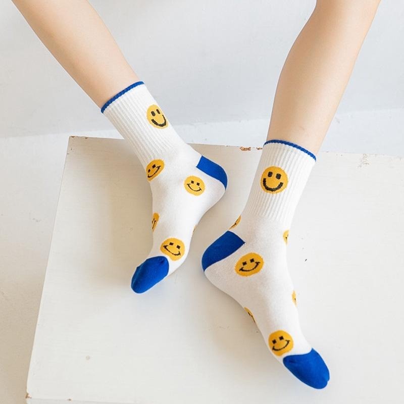 B854｜藍白笑臉襪子 女中筒襪  潮流簡版襪 吸汗 透氣 個性棉襪 中筒襪 運動襪 個性時尚襪xiami-細節圖8
