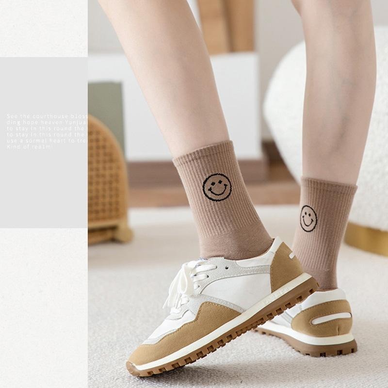 B855｜秋冬款長襪 中筒襪 韓日系春秋笑臉棉襪 黑白色堆堆襪 時尚中筒襪xiami-細節圖3