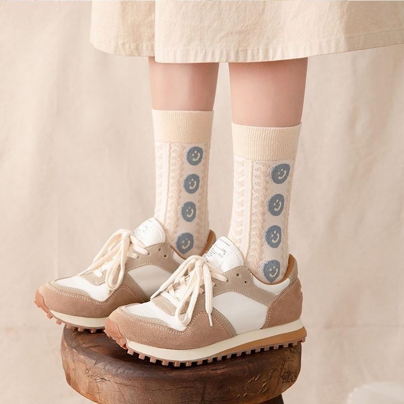 B854｜藍色系笑臉中筒襪 可愛襪子 韓系襪子 長襪 女生長襪 時尚襪子xiami-細節圖4