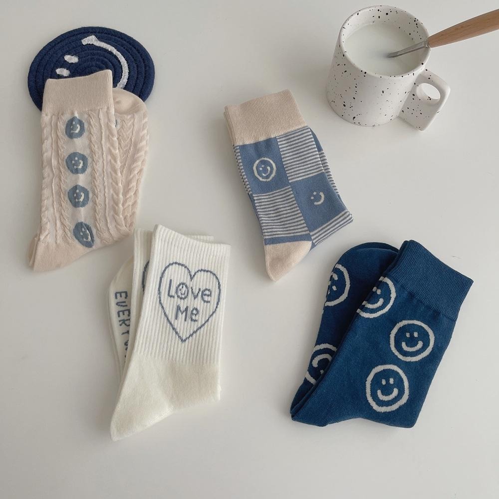 B854｜藍色系笑臉中筒襪 可愛襪子 韓系襪子 長襪 女生長襪 時尚襪子xiami-細節圖6