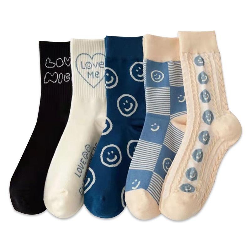 B854｜藍色系笑臉中筒襪 可愛襪子 韓系襪子 長襪 女生長襪 時尚襪子xiami-細節圖7