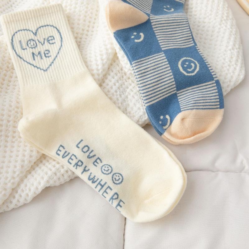 B854｜藍色系笑臉中筒襪 可愛襪子 韓系襪子 長襪 女生長襪 時尚襪子xiami-細節圖8