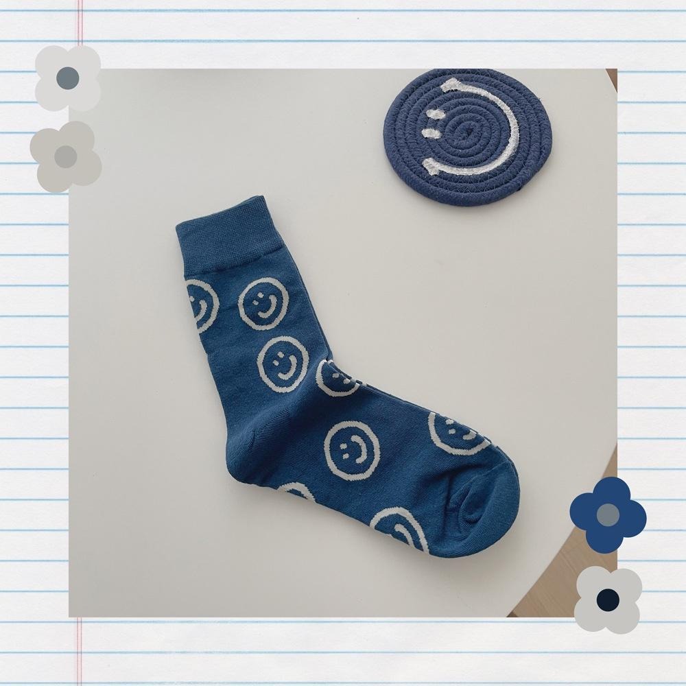 B854｜藍色系笑臉中筒襪 可愛襪子 韓系襪子 長襪 女生長襪 時尚襪子xiami-細節圖9
