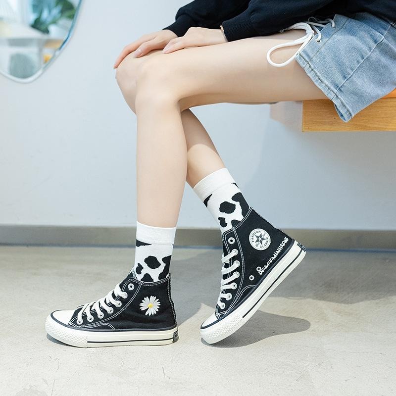 B854｜ 中性乳牛斑馬圓點圖案黑白撞色中筒襪 情侶百搭運動襪 潮流長襪 終統襪 黑白襪xiami-細節圖6