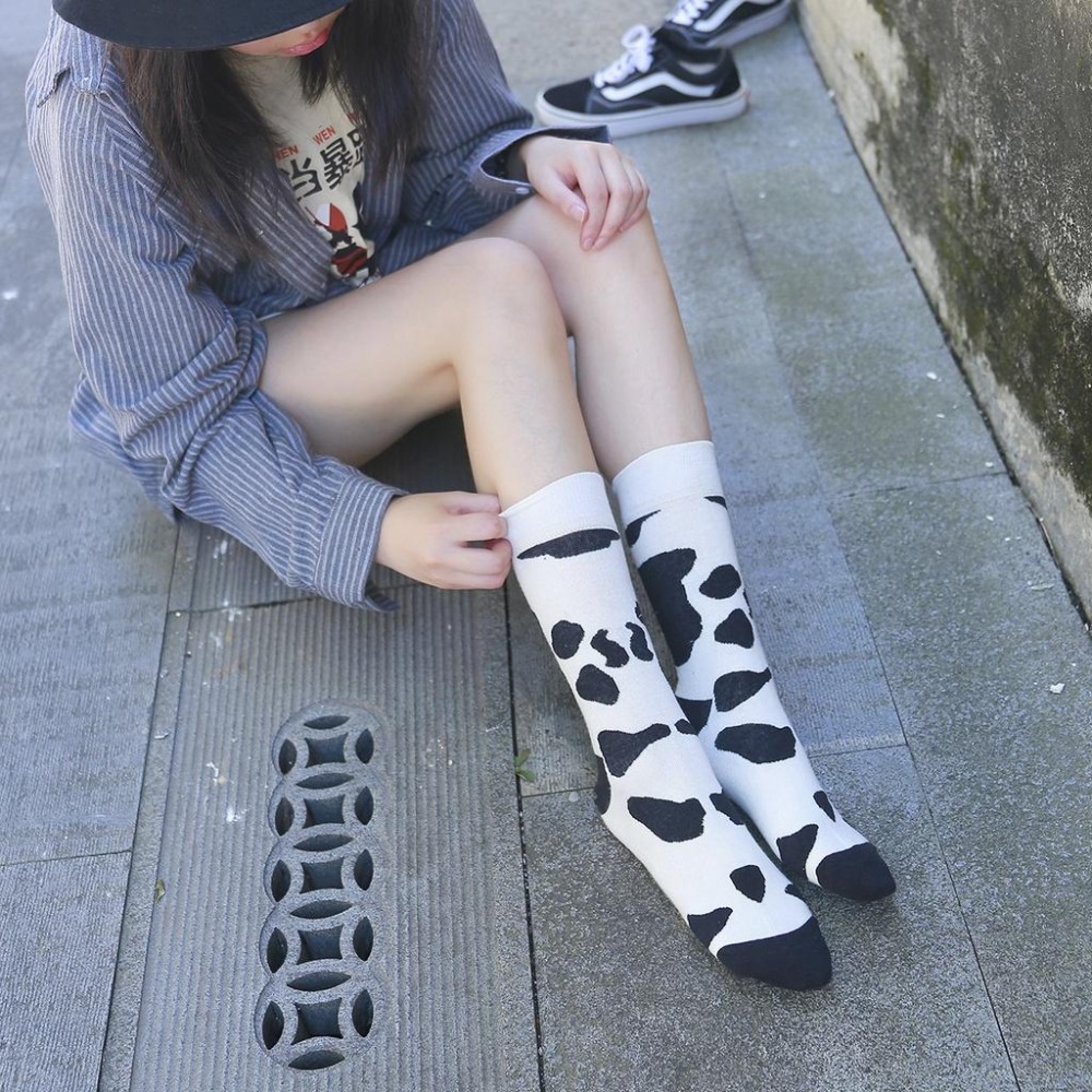 B854｜ 中性乳牛斑馬圓點圖案黑白撞色中筒襪 情侶百搭運動襪 潮流長襪 終統襪 黑白襪xiami-細節圖8
