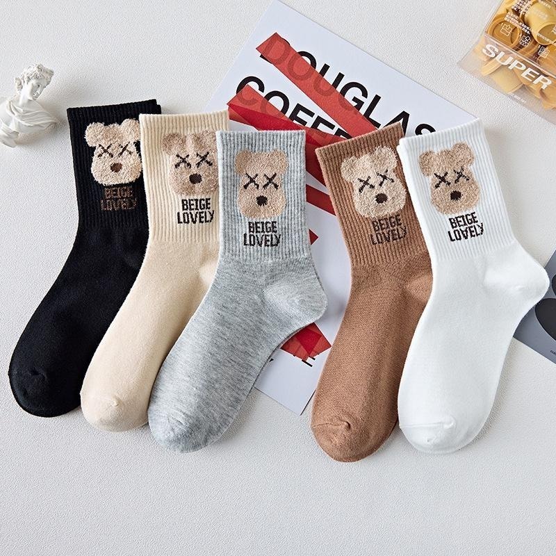 B854｜中筒襪可愛卡通熊頭中筒襪 純色長襪 熊熊襪 時尚中筒襪 襪子 長統襪-細節圖2