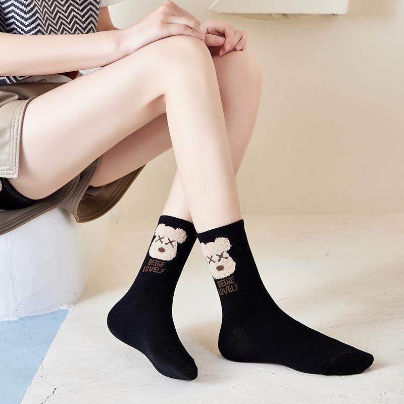B854｜中筒襪可愛卡通熊頭中筒襪 純色長襪 熊熊襪 時尚中筒襪 襪子 長統襪-細節圖4