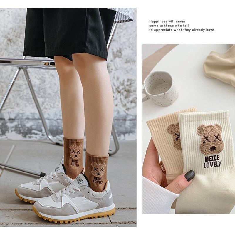 B854｜中筒襪可愛卡通熊頭中筒襪 純色長襪 熊熊襪 時尚中筒襪 襪子 長統襪-細節圖6