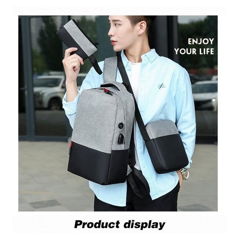 BC17｜休閒後背包 大容量後背包 時尚有型後背包 三件組後背包 側背包 後背包  筆袋 雙肩包-細節圖3