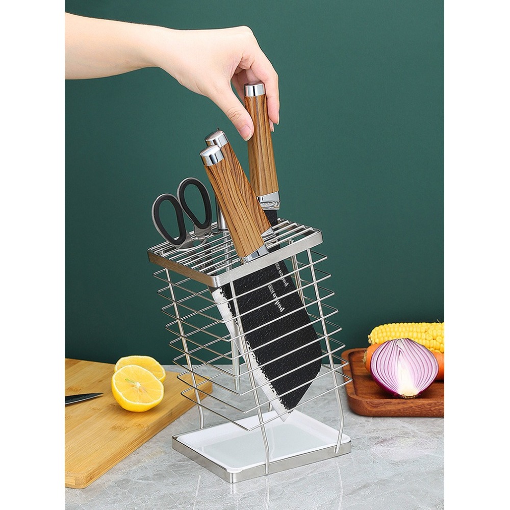 HA065｜斜口不鏽鋼刀架 廚房置物架 廚房用品 多功能收納架 免打孔刀具置物架 落地菜刀座 刀架 刀具-細節圖6