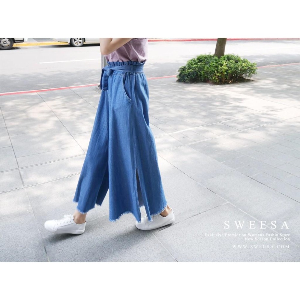 °☆ 珮齊精品舖 ☆° SweeaSa 高腰綁帶抽鬚寬管褲 開叉褲 仿牛仔材質-細節圖2