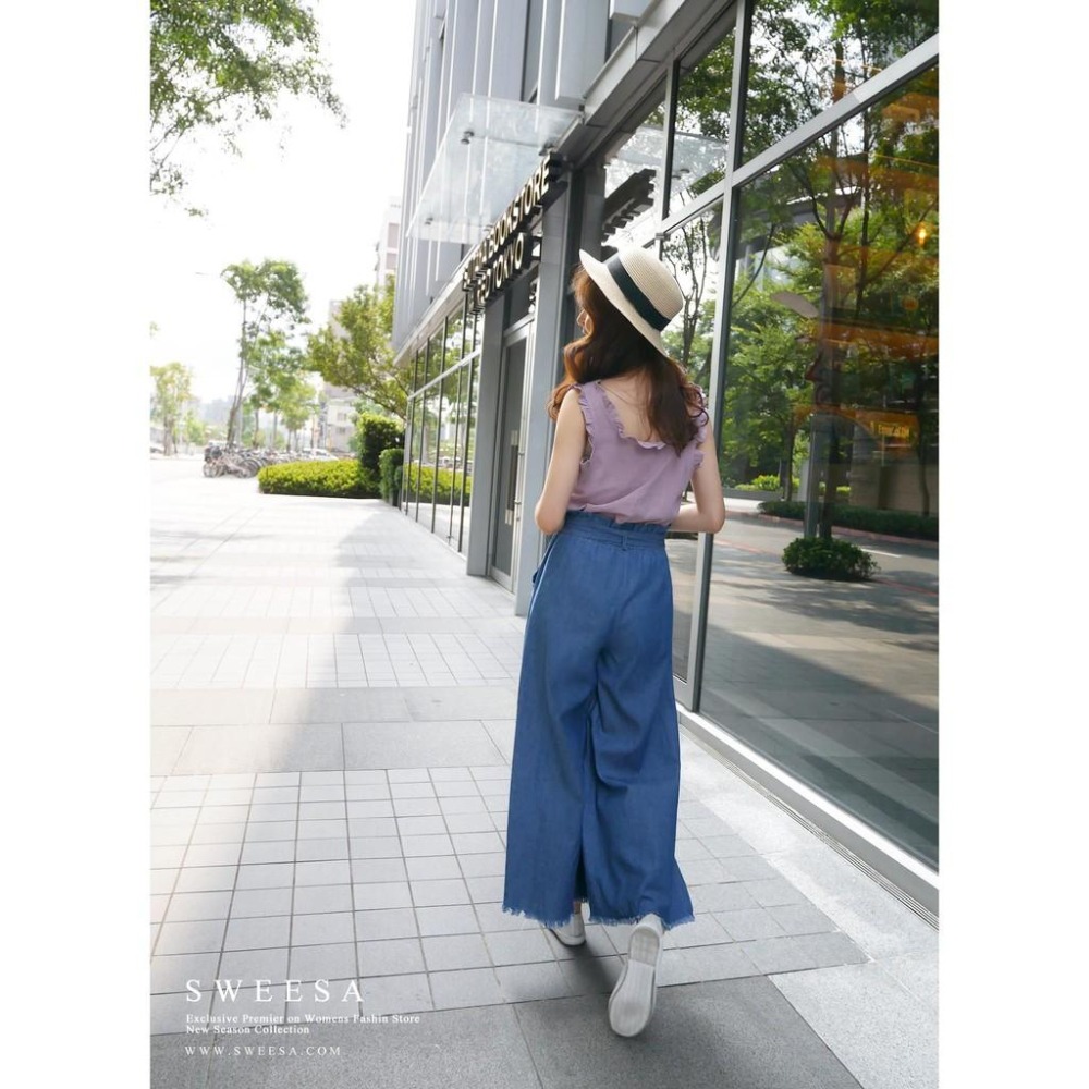 °☆ 珮齊精品舖 ☆° SweeaSa 高腰綁帶抽鬚寬管褲 開叉褲 仿牛仔材質-細節圖4