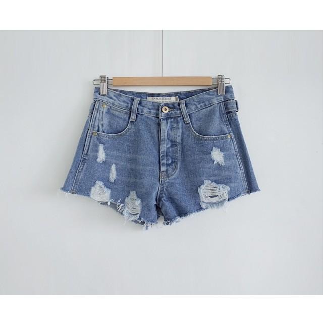 °☆ 珮齊精品舖 ☆° 休閒側釦造型刷破牛仔短褲(不附皮帶)-細節圖3