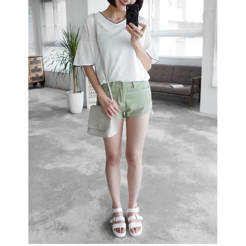°☆ 珮齊精品舖 ☆° 灰綠色系前反摺牛仔短褲-細節圖5