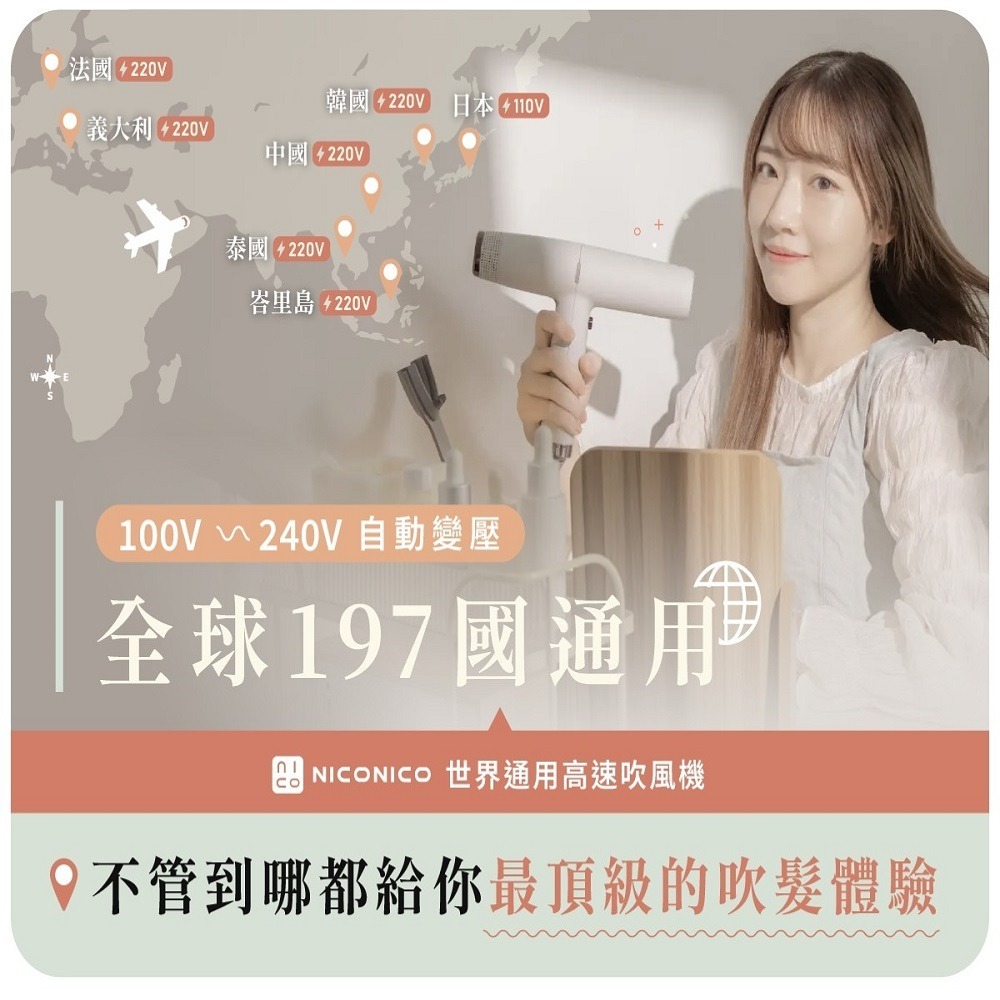 【NICONICO】贈尊爵時尚修容組世界通用自動雙電壓高速吹風機 NI-IH2413 國際電壓100-240V全球通用-細節圖3