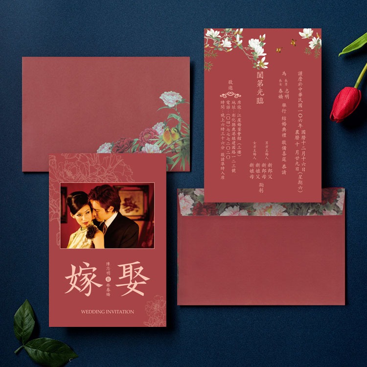 【台灣柬愛喜帖-E005】台灣本地排版印刷寄出，無任何版費，精緻進口結婚訂婚喜帖，請柬，請帖，紅色內頁文字，可印婚紗照-細節圖2