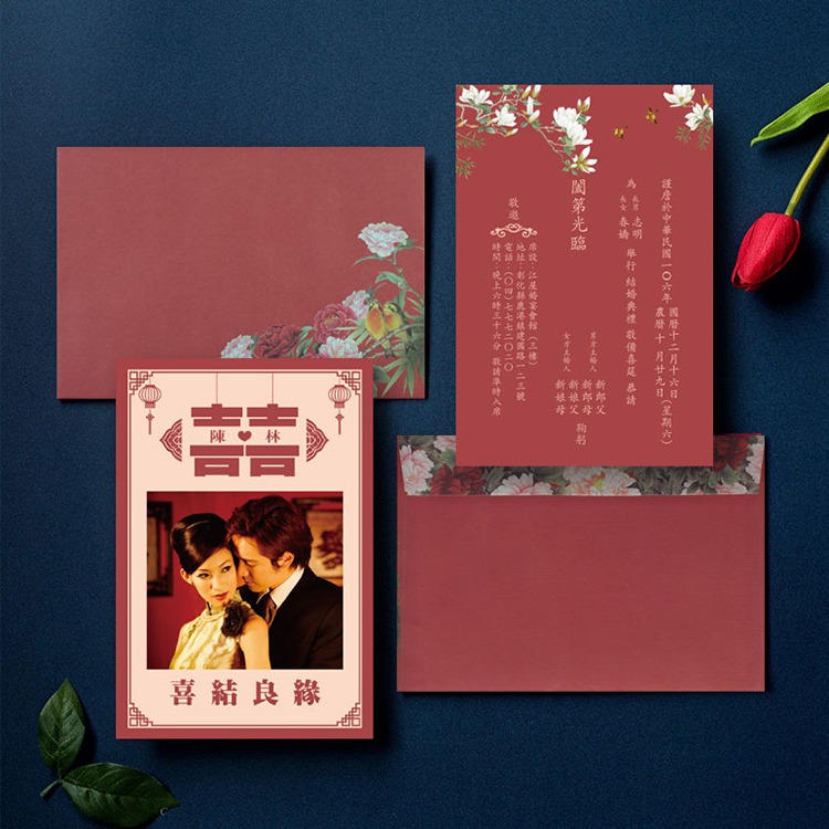 【台灣柬愛喜帖-E007】台灣本地排版印刷寄出，無任何版費，精緻進口結婚訂婚喜帖，請柬，請帖，紅色內頁文字，可印婚紗照-細節圖5