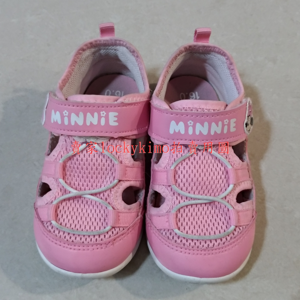 【米妮 護趾 女童鞋 16號 粉紅色 二手 台灣製】Minnie 迪士尼 兒童 學步鞋 運動鞋 16cm 魔鬼氈 室內鞋-細節圖2
