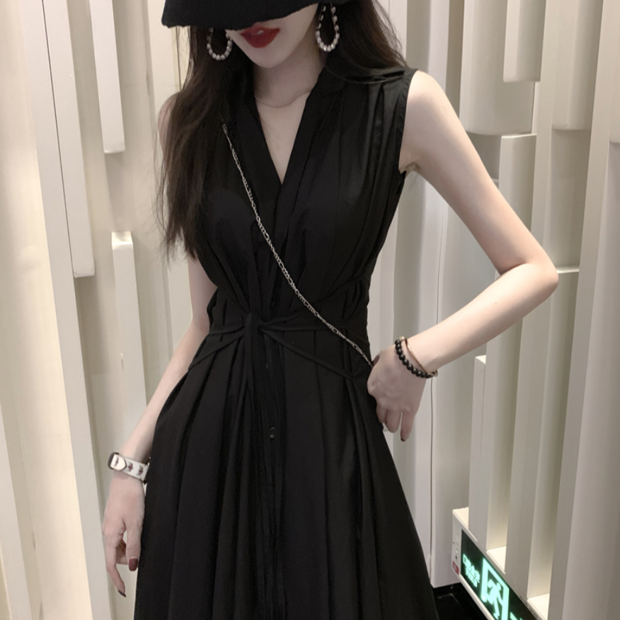 Zoes SeCreT超熱賣！暗黑系法式設計感綁帶無袖洋裝 長洋裝 連身裙 連衣裙 黑色洋裝 襯衫洋裝A20484-細節圖4