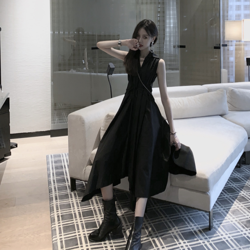 Zoes SeCreT超熱賣！暗黑系法式設計感綁帶無袖洋裝 長洋裝 連身裙 連衣裙 黑色洋裝 襯衫洋裝A20484-細節圖5