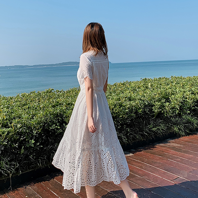 Zoes SeCreT白色鏤空雕花波西米亞連身洋裝 連身裙 連衣裙 短袖洋裝 長洋裝 度假洋裝A20490-細節圖7