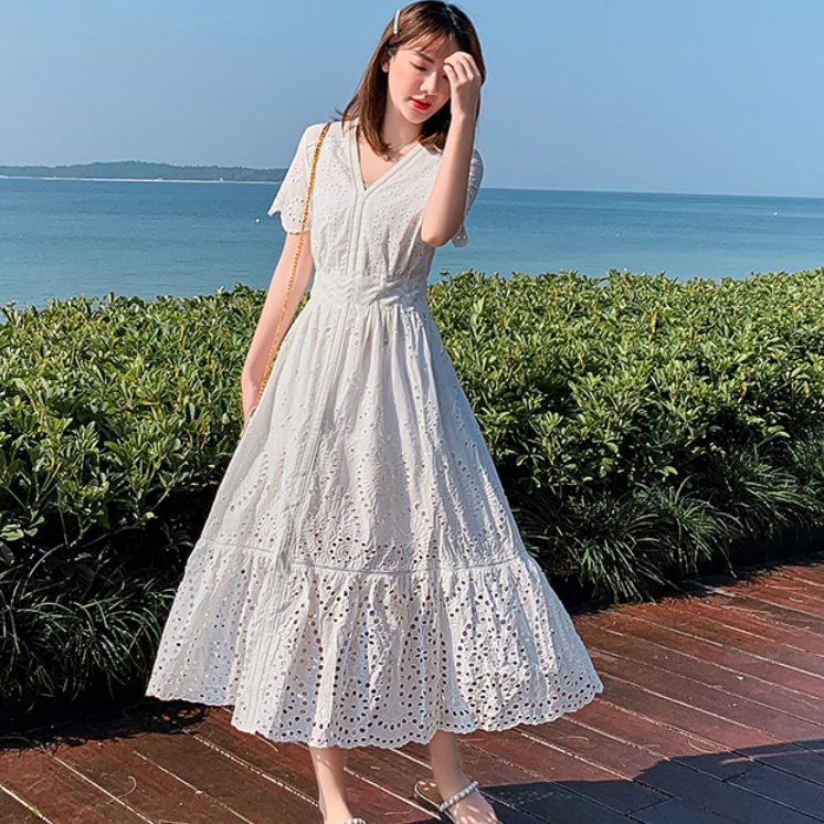 Zoes SeCreT白色鏤空雕花波西米亞連身洋裝 連身裙 連衣裙 短袖洋裝 長洋裝 度假洋裝A20490-細節圖8