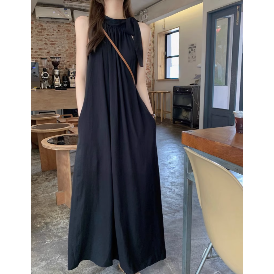 Zoe＇s SeCreT氣質綁帶法式露肩設計感無袖洋裝(2色) 長洋裝 削肩洋裝 美拉德 黑色洋裝 渡假洋裝A21029-細節圖5