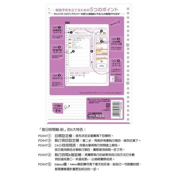 【King PLAZA】KOKUYO 國譽 Campus B5 活頁 26孔 每日計畫罫 時間軸 藍/粉/綠/黃 30頁-細節圖7