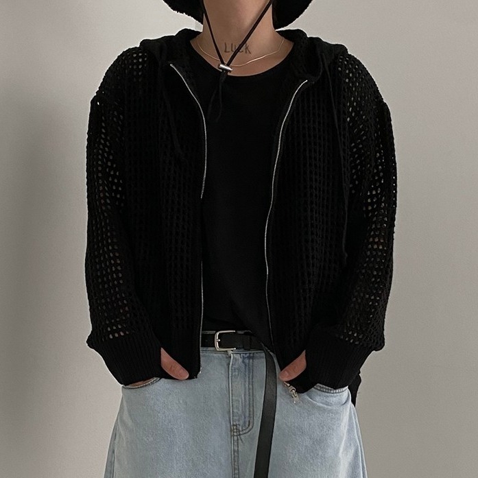 ✨領券再享折扣✨韓國 簍空洞洞慵懶 連帽 針織外套 嘻哈 潮流風 男女不拘 情侶外套 洞洞素面外套-細節圖4