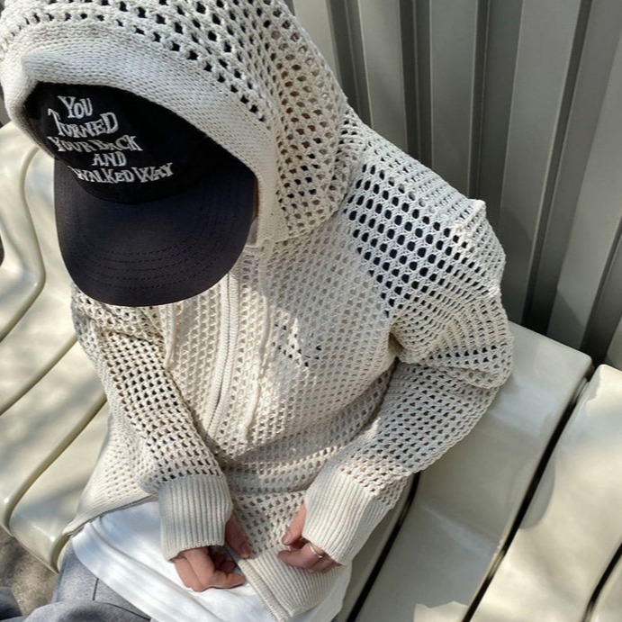 ✨領券再享折扣✨韓國 簍空洞洞慵懶 連帽 針織外套 嘻哈 潮流風 男女不拘 情侶外套 洞洞素面外套-細節圖5