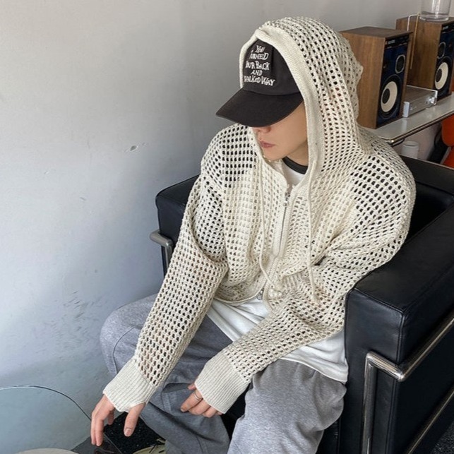 ✨領券再享折扣✨韓國 簍空洞洞慵懶 連帽 針織外套 嘻哈 潮流風 男女不拘 情侶外套 洞洞素面外套-細節圖6