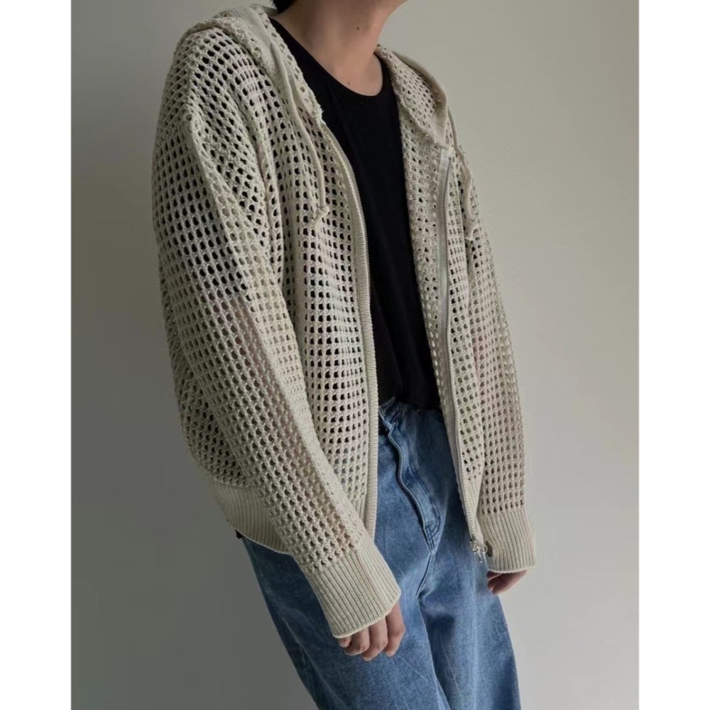 ✨領券再享折扣✨韓國 簍空洞洞慵懶 連帽 針織外套 嘻哈 潮流風 男女不拘 情侶外套 洞洞素面外套-細節圖9