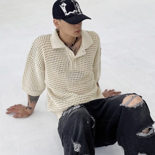 ✨2023新款✨韓國 簍空洞洞針織 短T POLO衫 嘻哈 潮流風 男女不拘 針織衣 透氣 網格衫 透視感-細節圖3