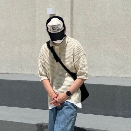 ✨2023新款✨韓國 簍空洞洞針織 短T POLO衫 嘻哈 潮流風 男女不拘 針織衣 透氣 網格衫 透視感-細節圖4