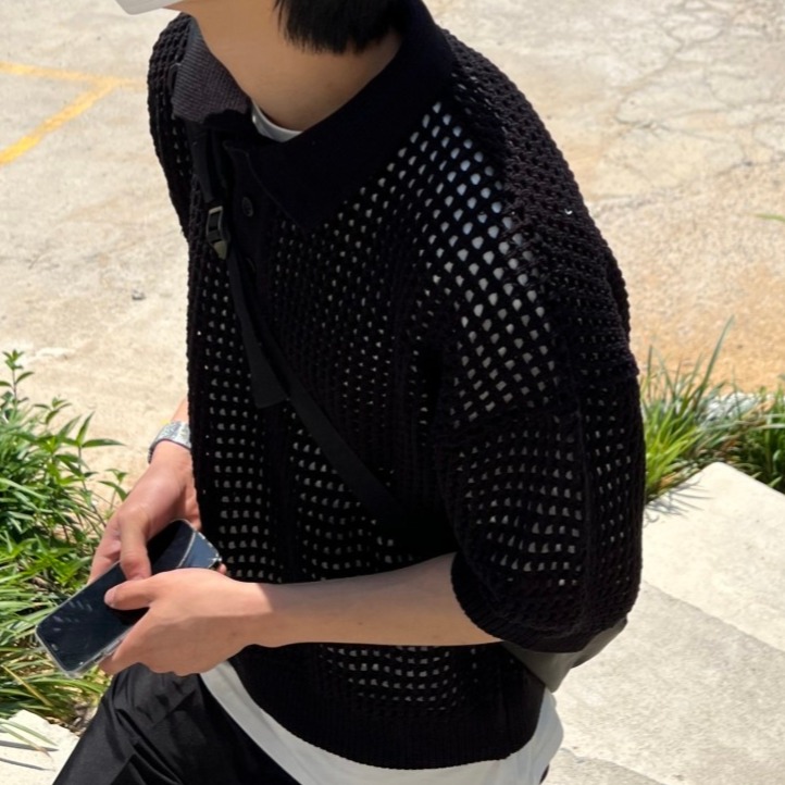 ✨2023新款✨韓國 簍空洞洞針織 短T POLO衫 嘻哈 潮流風 男女不拘 針織衣 透氣 網格衫 透視感-細節圖6