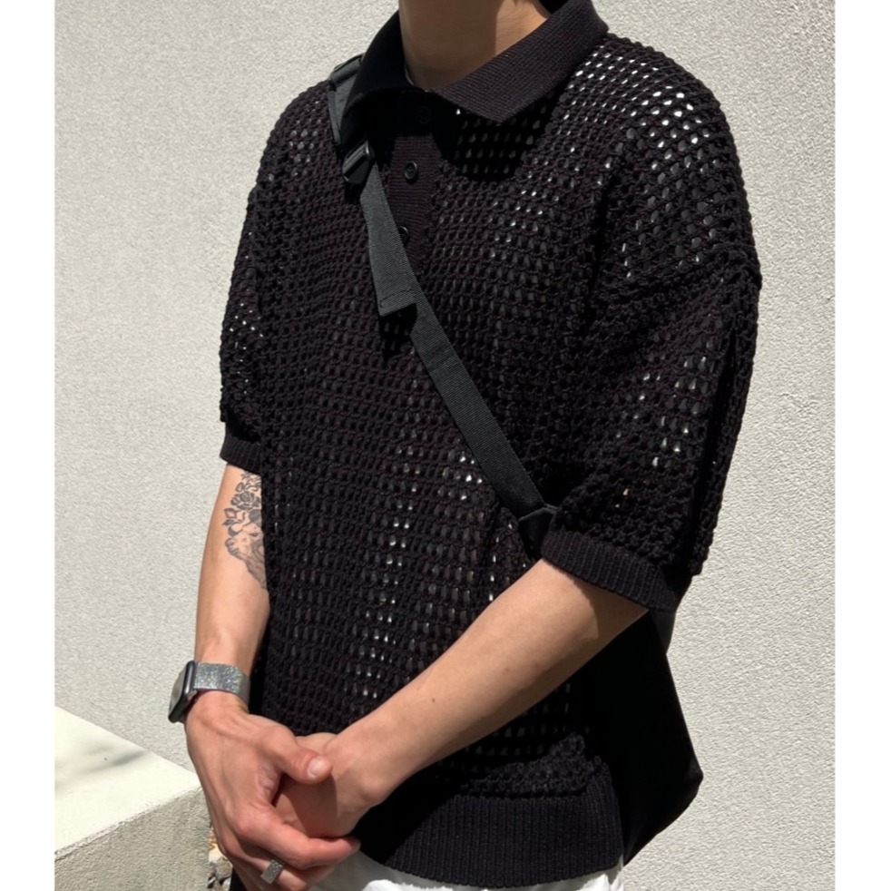 ✨2023新款✨韓國 簍空洞洞針織 短T POLO衫 嘻哈 潮流風 男女不拘 針織衣 透氣 網格衫 透視感-細節圖7